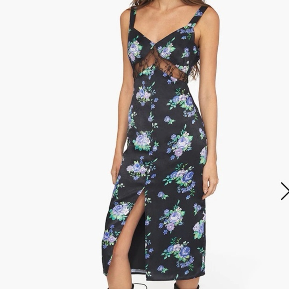 WeWoreWhat Black/Blue Floral Satin Slip Lace-Trim Midi Dress / Front‎ Slit Sz M